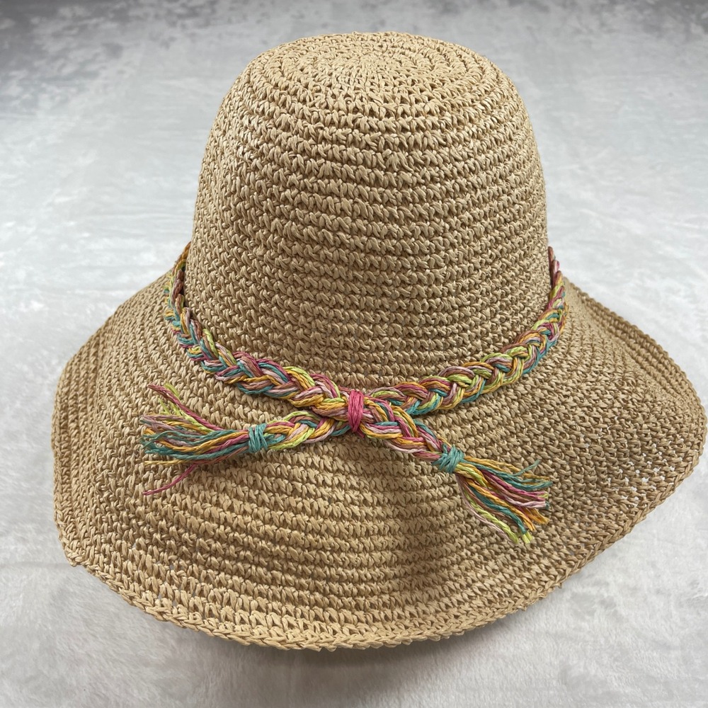 Womens Tan Woven Straw Floppy Sun Hat Multi Color Braided Rope Tassel Accent